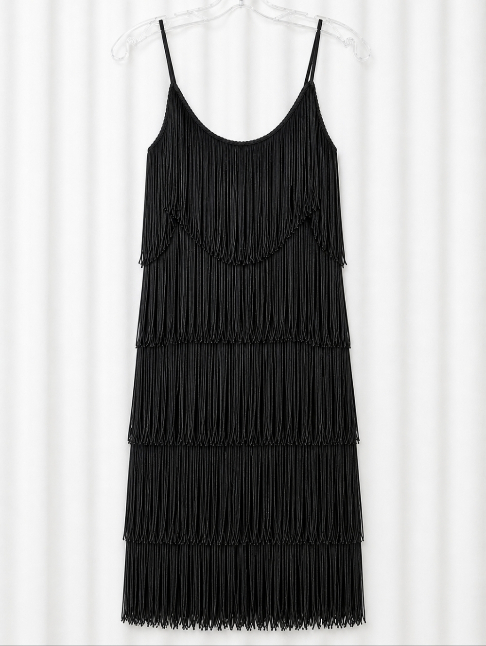 Vintage Glenrob LTD 70s Black Tiered Tassel Fringe Sleek Gatsby Flapper Dress
